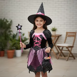 Zauberer Kostüm Hexen Outfit Set mit Zauberstab für Mädchen